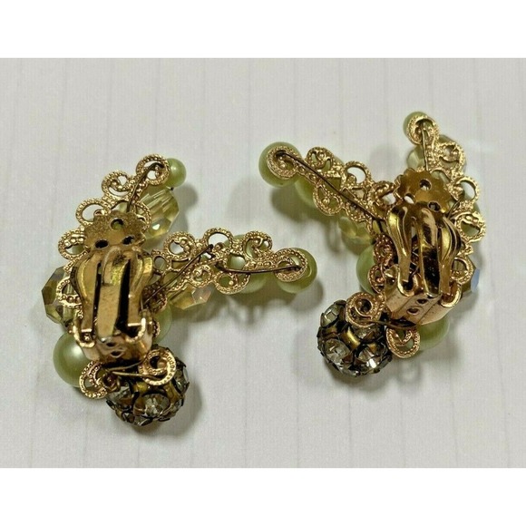 Vintage Mid Century Clip On Earrings Lemon Pearl Beads Crystals & Rhinestones - Picture 4 of 5